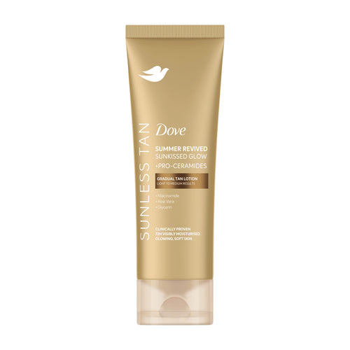 Dove Sunless Tan Summer Revived Sunkissed Glow + Pro-Ceramides Light/Medium shade Gradual Tan Lotion in a gold squeeze tube with a clear cap, shown on a plain white background.