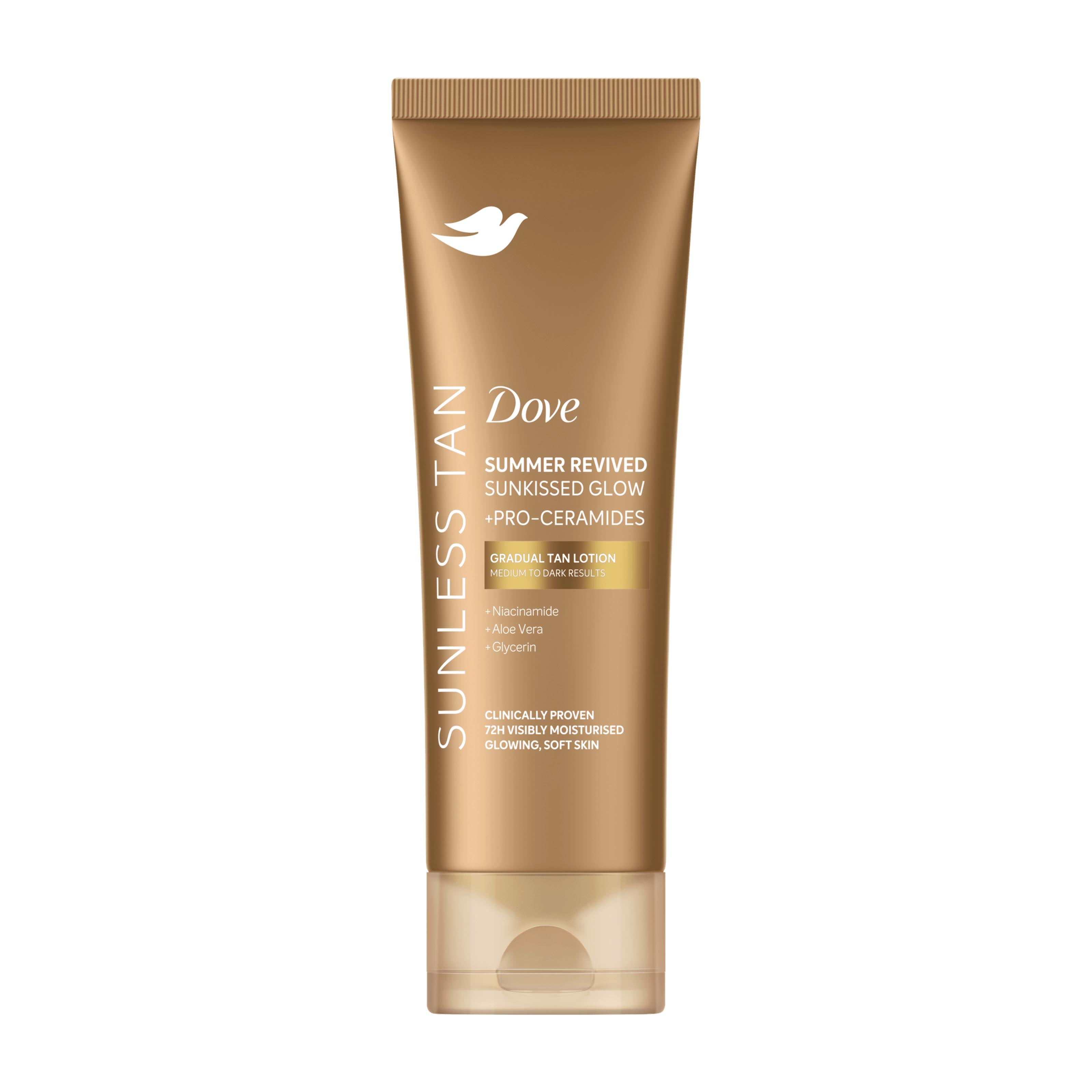 Dove Sunless Tan Summer Revived Sunkissed Glow +Pro-Ceramides Medium/Dark Gradual Tan Lotion in a metallic gold squeeze tube with a clear cap, shown on a plain white background.