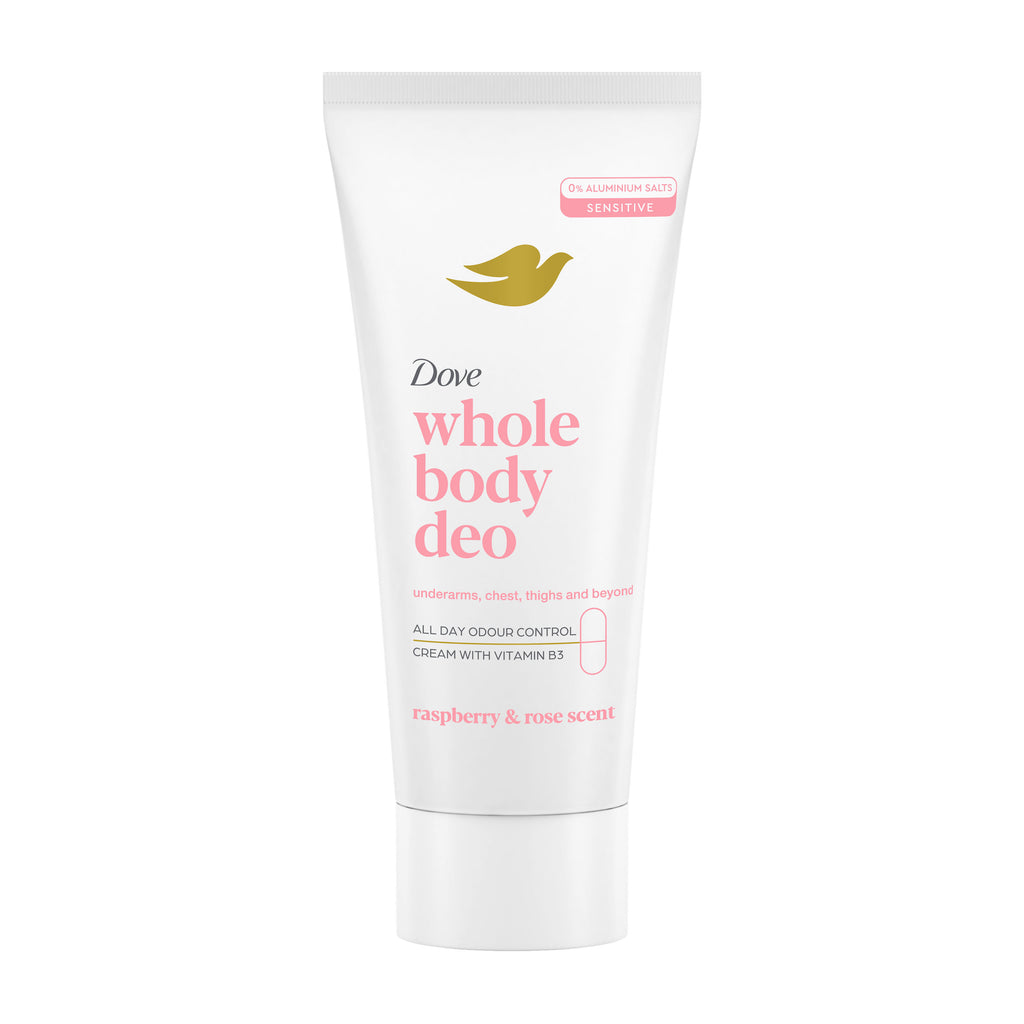A tube of Dove Whole Body Deo Raspberry & Rose Scent on a white background.