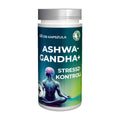 Supplement bottle labeled 'ASHWA-GANDHA+' with stress control text on a white background