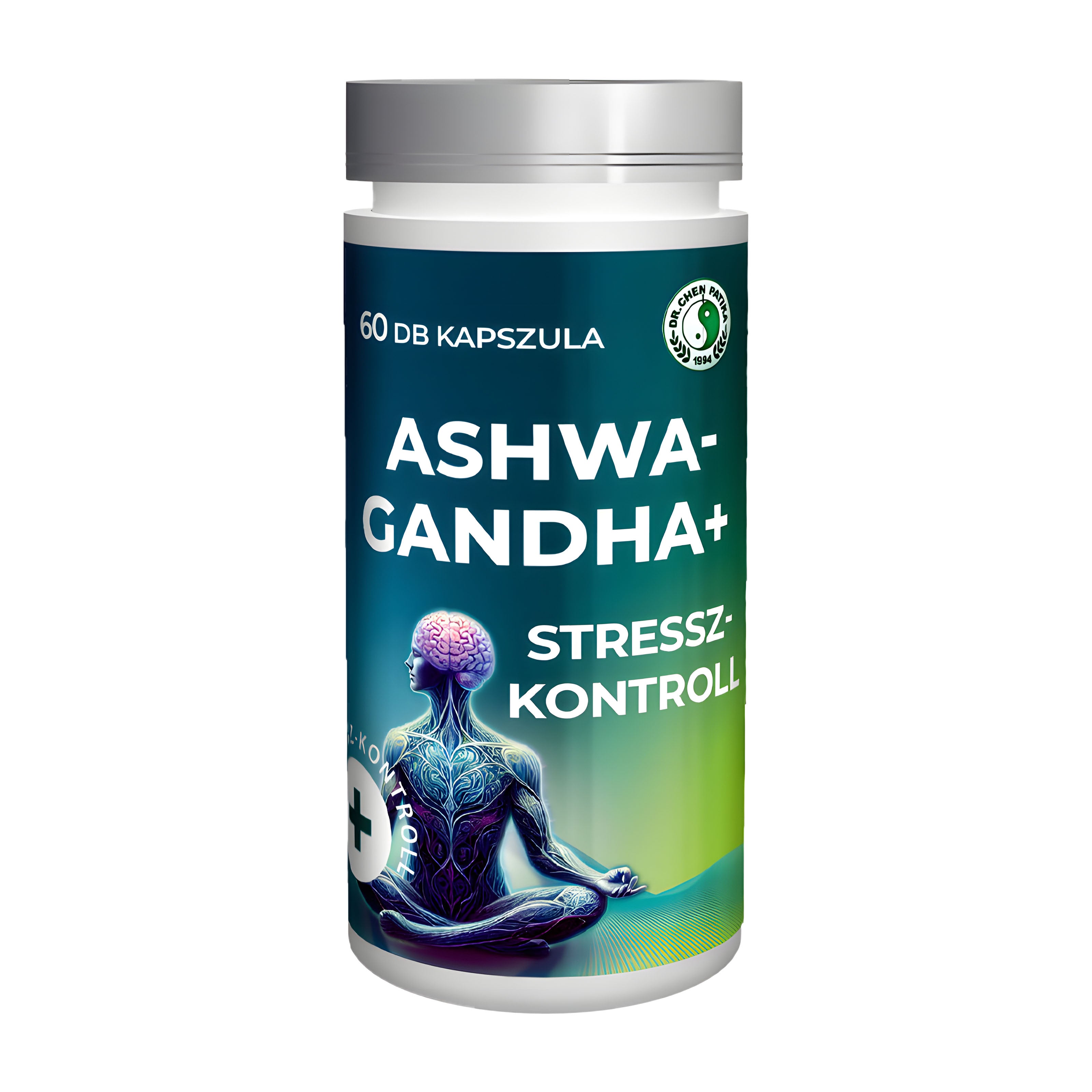 Supplement bottle labeled 'ASHWA-GANDHA+' with stress control text on a white background
