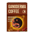 Box of Dr Chen Ganoderma Coffee with coffee beans and mushrooms on a brown background
