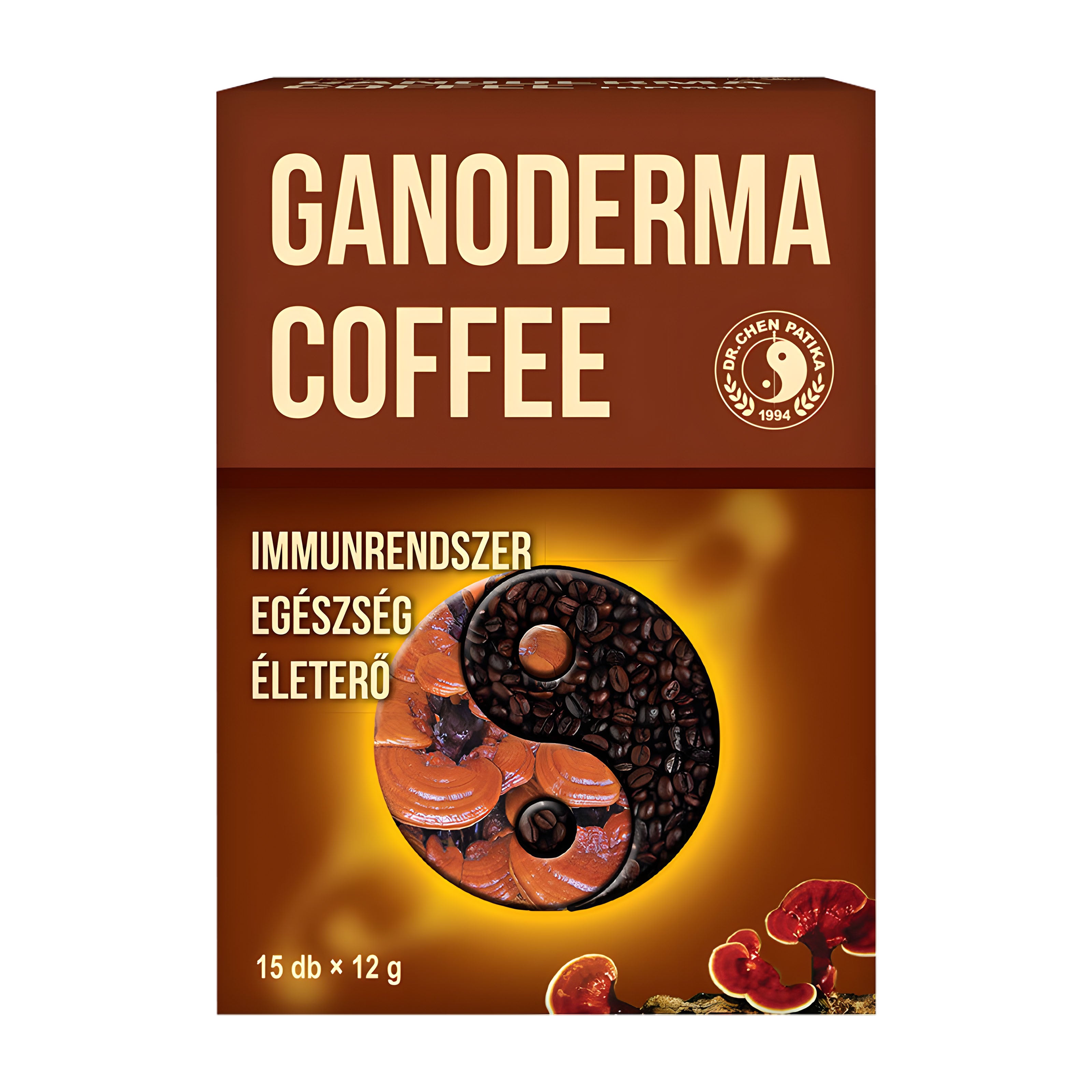 Box of Dr Chen Ganoderma Coffee with coffee beans and mushrooms on a brown background