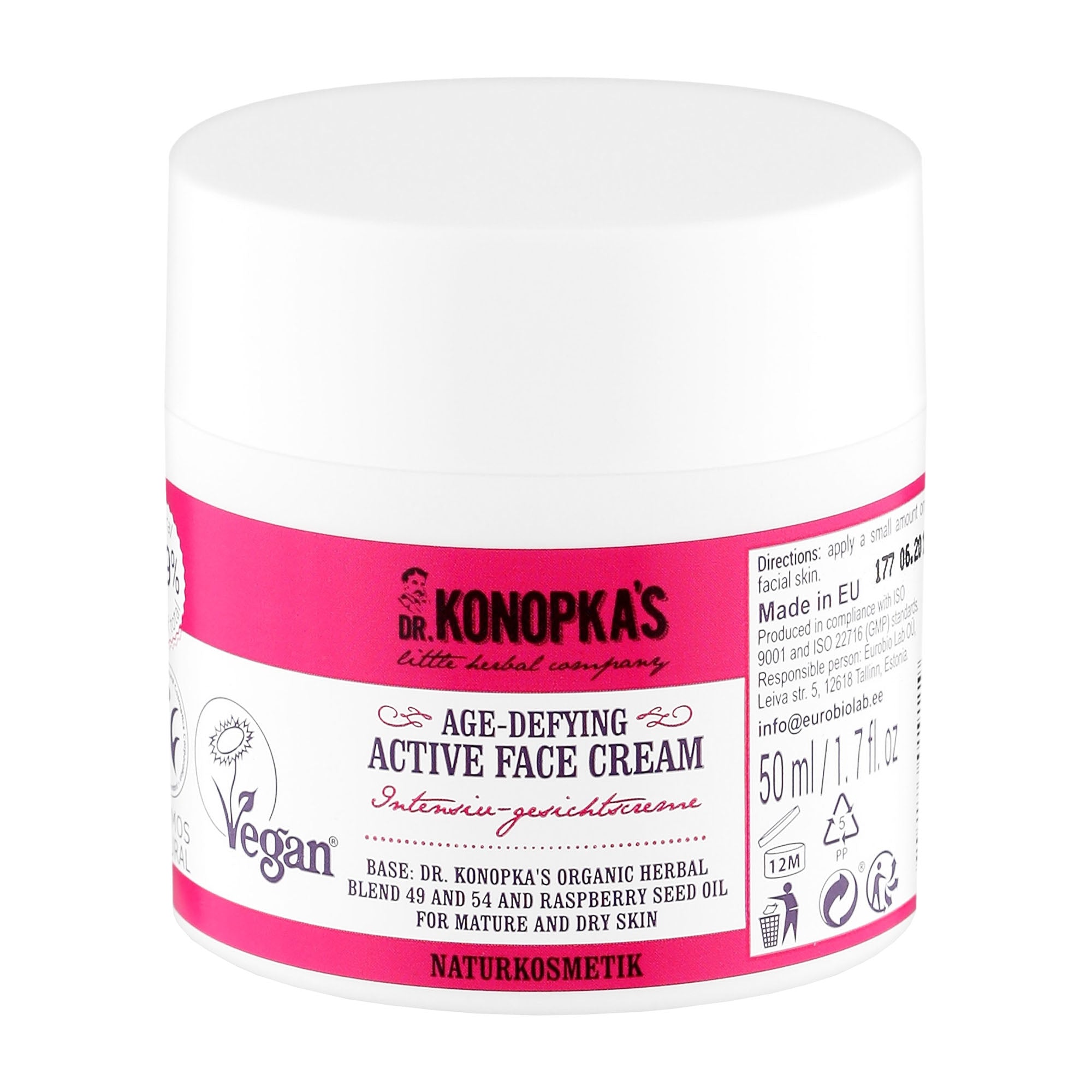 Jar of Dr Konopka's Age-Defying Active Face Cream on a white background.