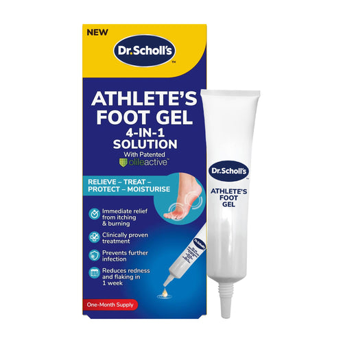 Dr. Scholl's Athlete's Foot Gel packaging with tube on a white background