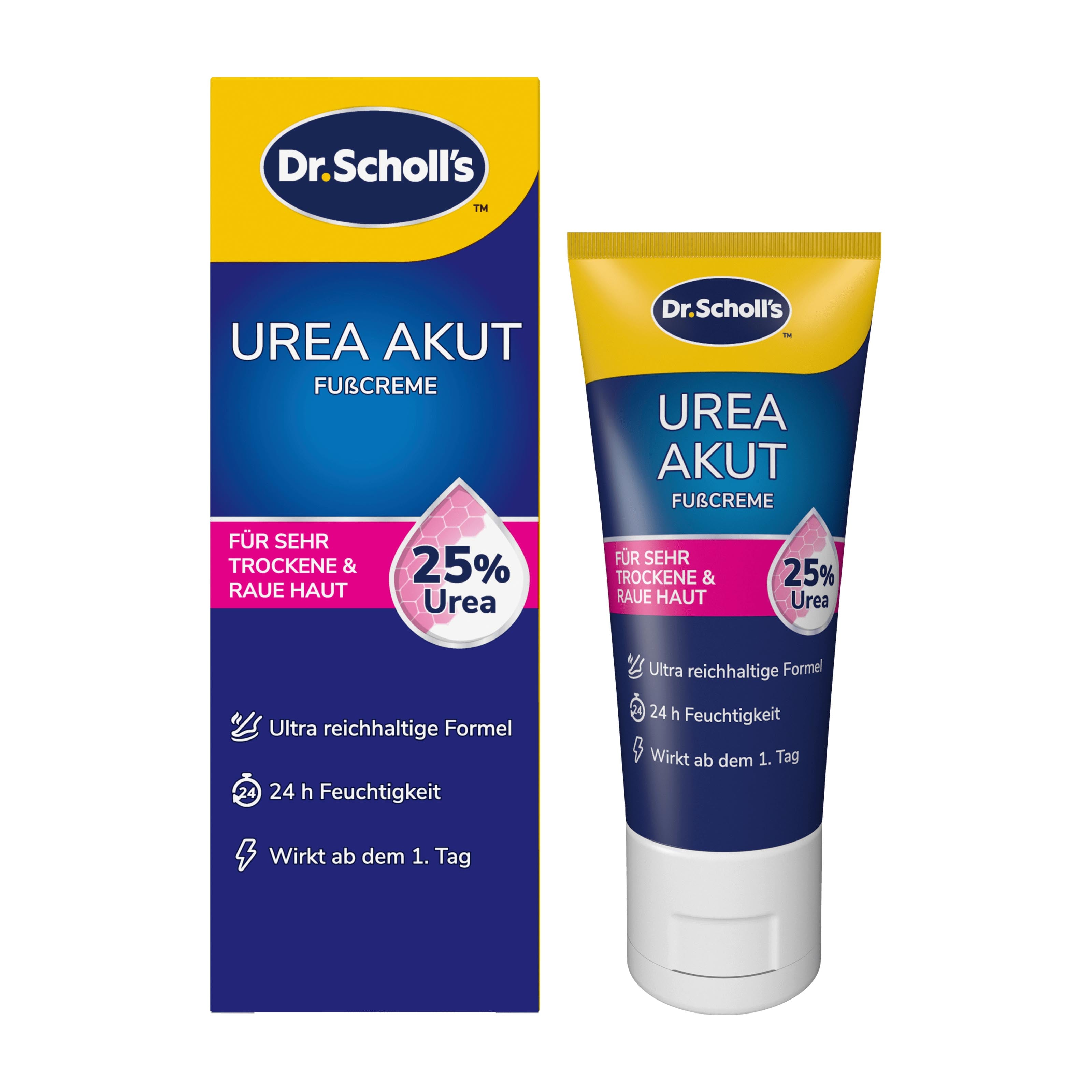 Dr. Scholl's Urea Acute Foot Cream packaging with tube and box on a white background