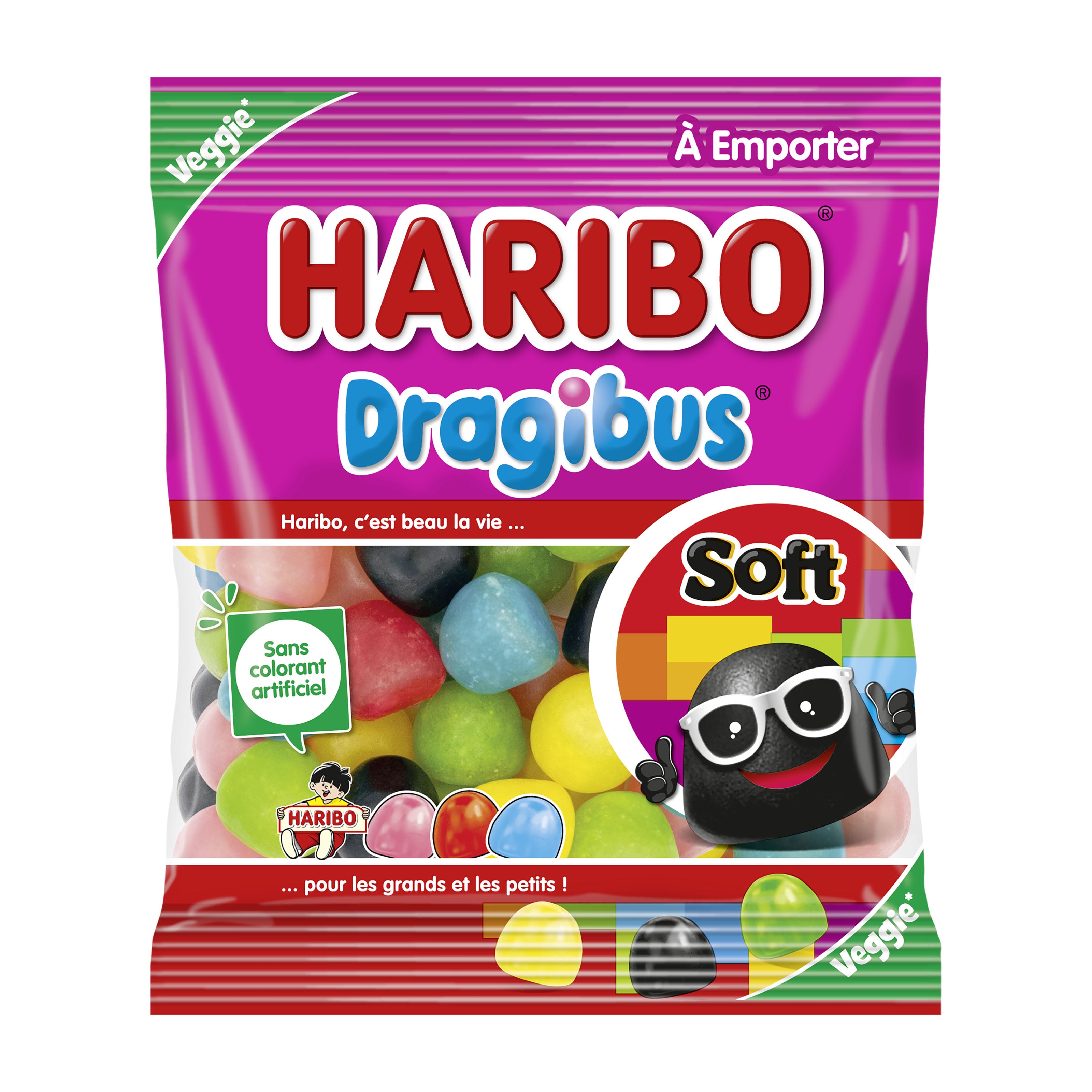 Haribo Dragibus Soft candy package with colorful candies and brand logo on a white background