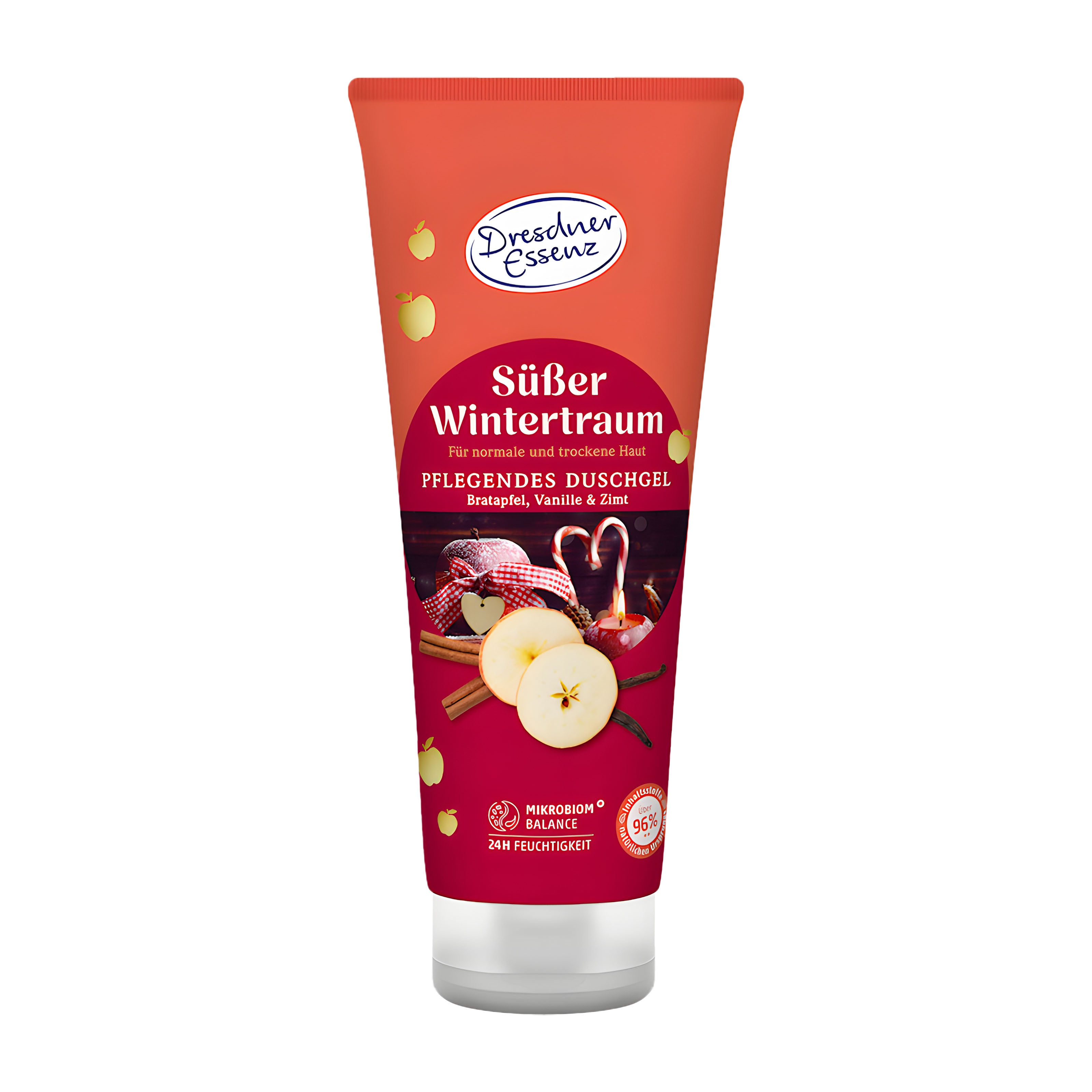 Tube of Dresdner Essenz shower gel with a red label featuring apples and cinnamon.