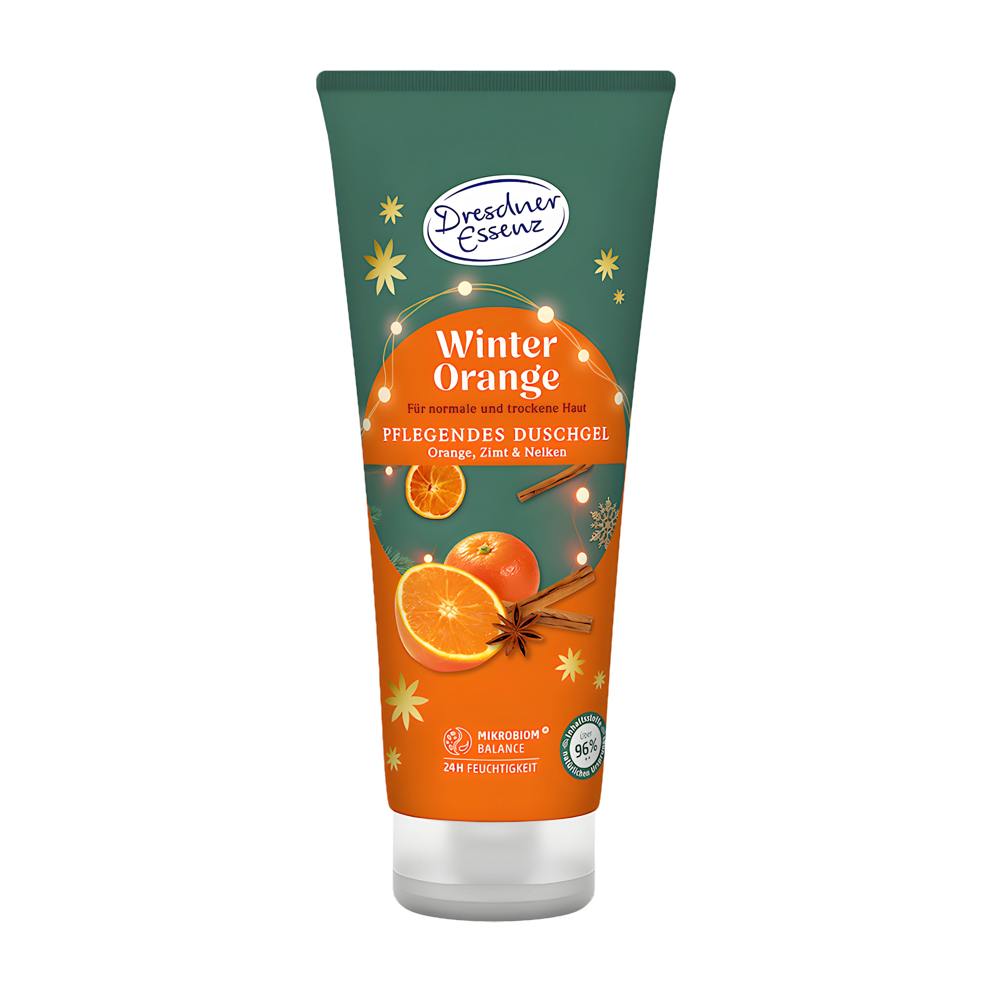 Tube of Dresdner Essenz Winter Orange shower gel on a white background