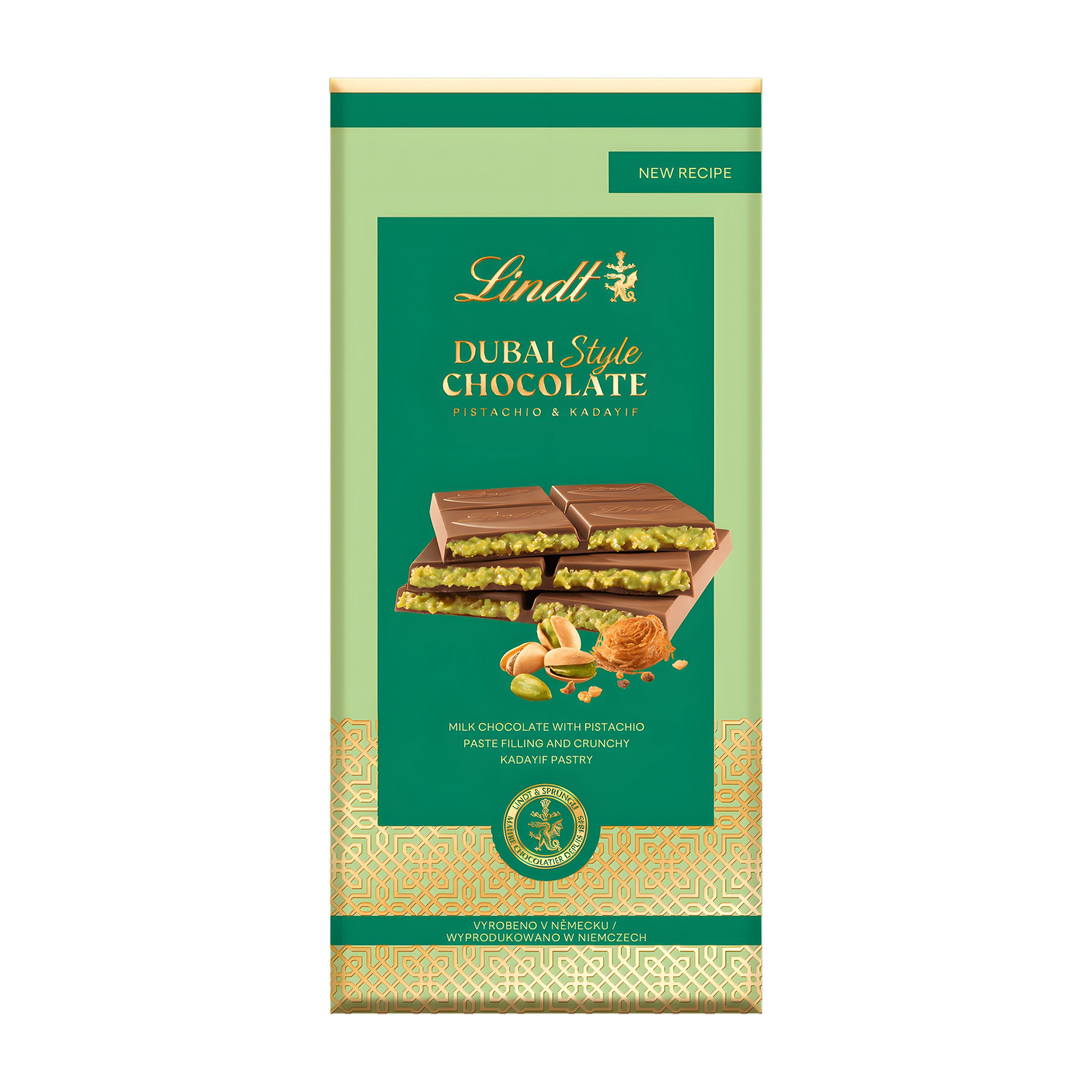 Lindt Dubai Style Milk Chocolate Bar packaging on a white background