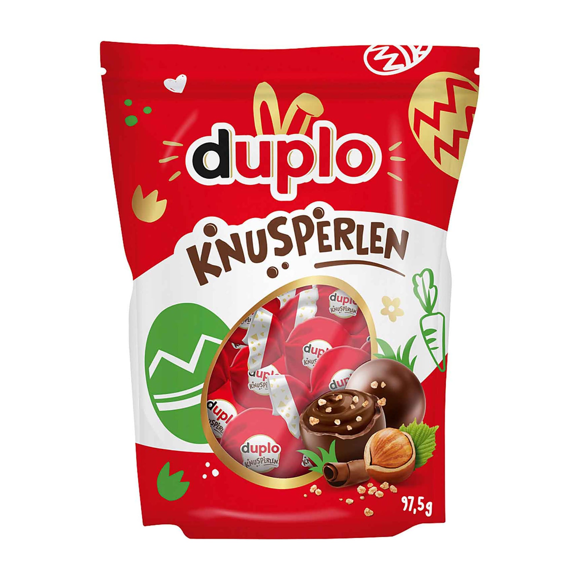 Red packaging of duplo Knusperlen with a clear window showing the product.