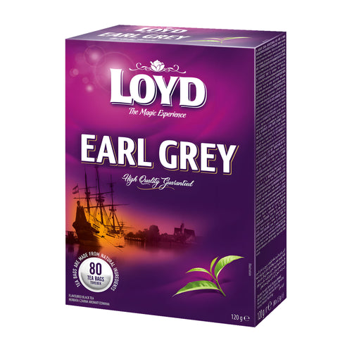 Loyd Earl Grey tea box with purple design and ship illustration on a white background