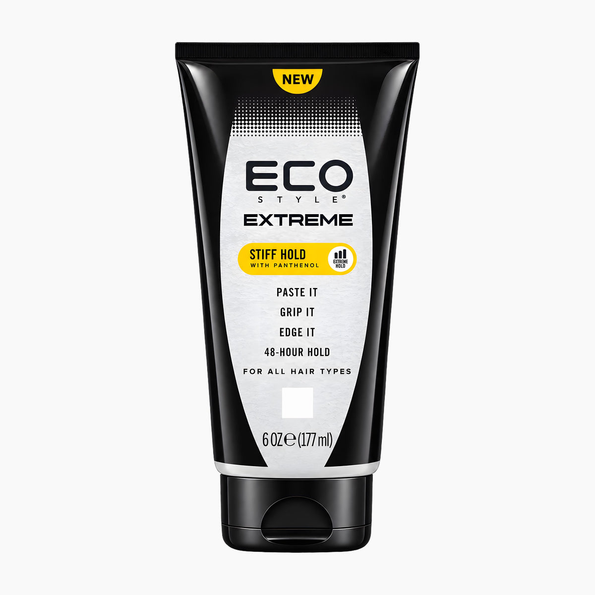 A squeeze tube of Eco Style Extreme Stiff Hold styling gel with a black and silver design and a yellow 'NEW' label, shown on a light gray background.