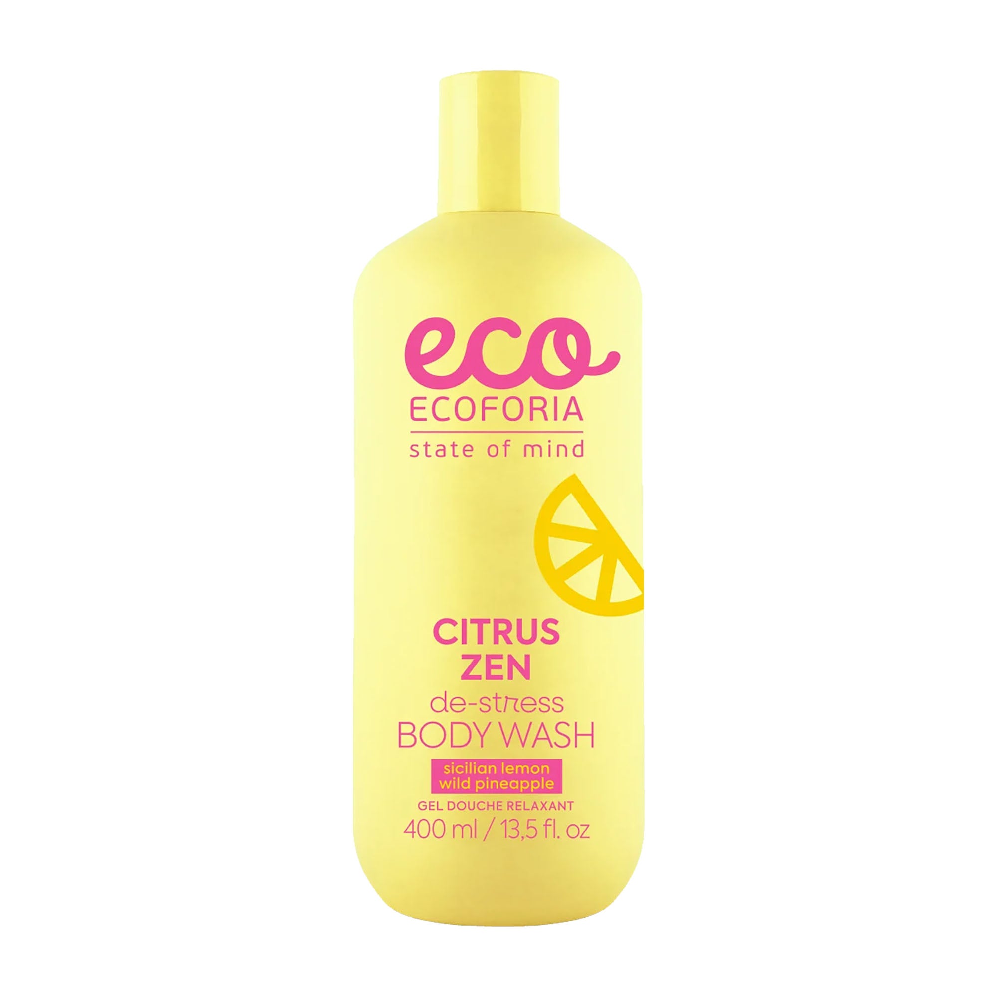 Yellow bottle of Ecoforia Citrus Zen de-stress body wash on a white background