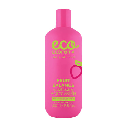 Pink bottle of Ecoforia Fruit Balance well-being body wash on a white background