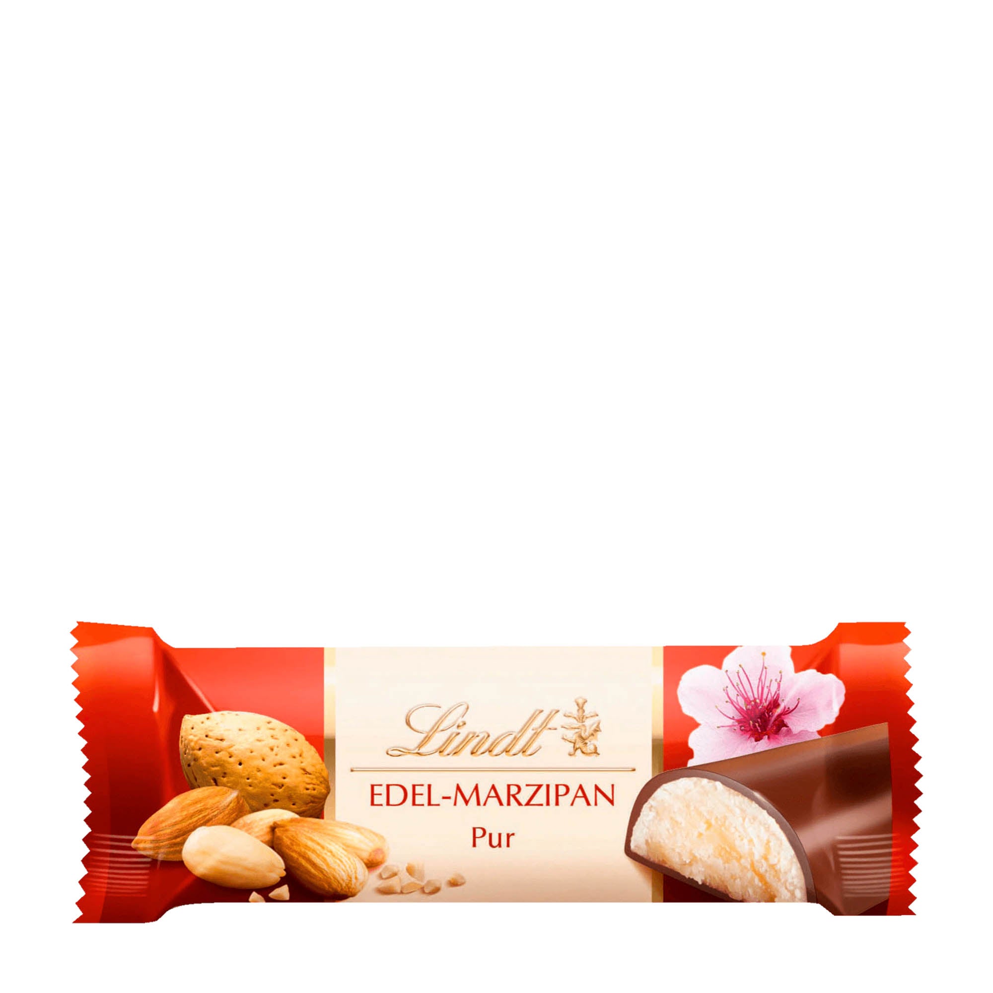 A wrapped Lindt Premium Marzipan bar with visible almonds and a flower decoration on the packaging.