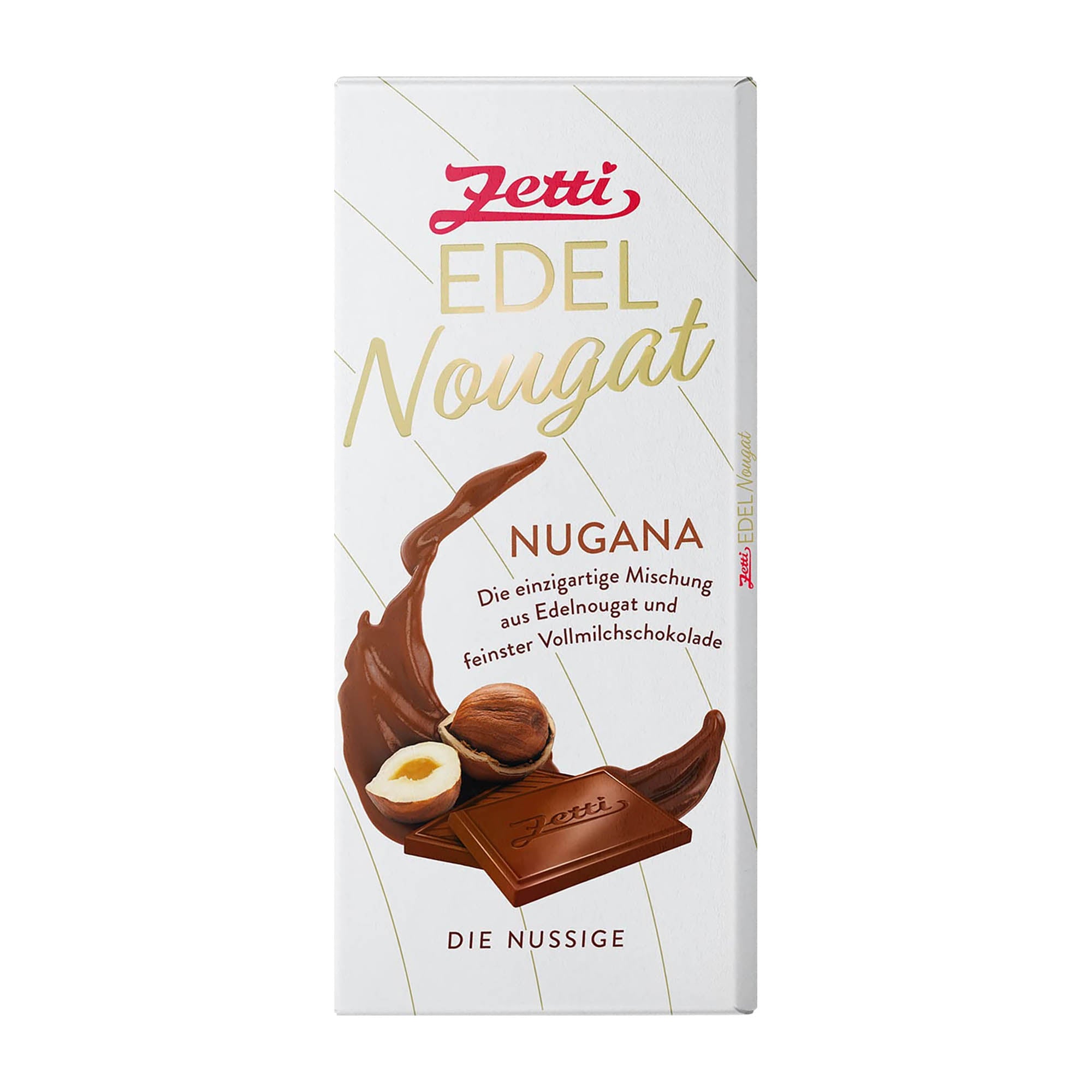 A Zetti Edel Nougat milk chocolate bar with hazelnut nougat filling, depicted in a white and gold packaging.