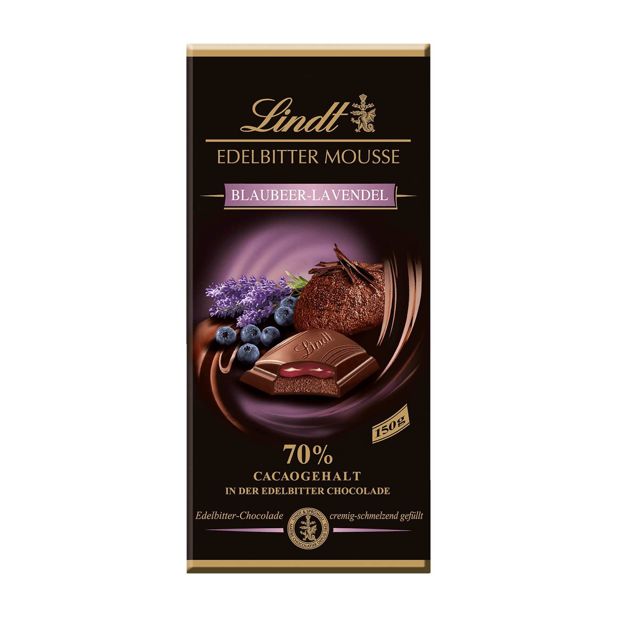 A package of Lindt Edelbitter Mousse Blueberry-Lavender dark chocolate bar, 150g, with an image of the chocolate bar, blueberries, and lavender plants.