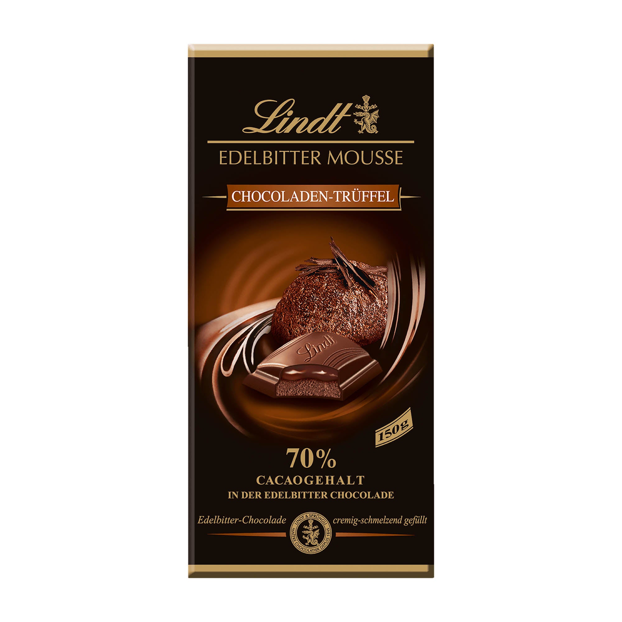 A bar of Lindt Edelbitter Mousse Chocolate-Truffle, showing a layer of dark chocolate mousse on top of a chocolate truffle, with fine dark chocolate coating the bottom.