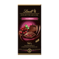 A bar of Lindt Edelbitter Mousse Cranberry dark chocolate, with an image of the product on a packaging that includes the Lindt logo and the cranberry flavor indication.