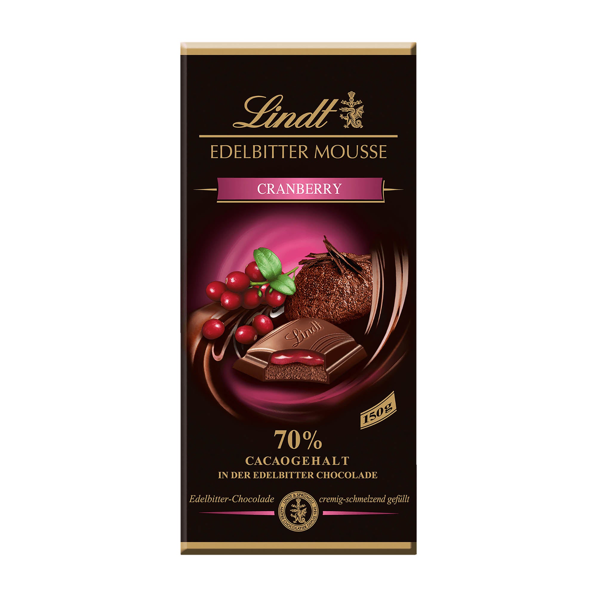 A bar of Lindt Edelbitter Mousse Cranberry dark chocolate, with an image of the product on a packaging that includes the Lindt logo and the cranberry flavor indication.