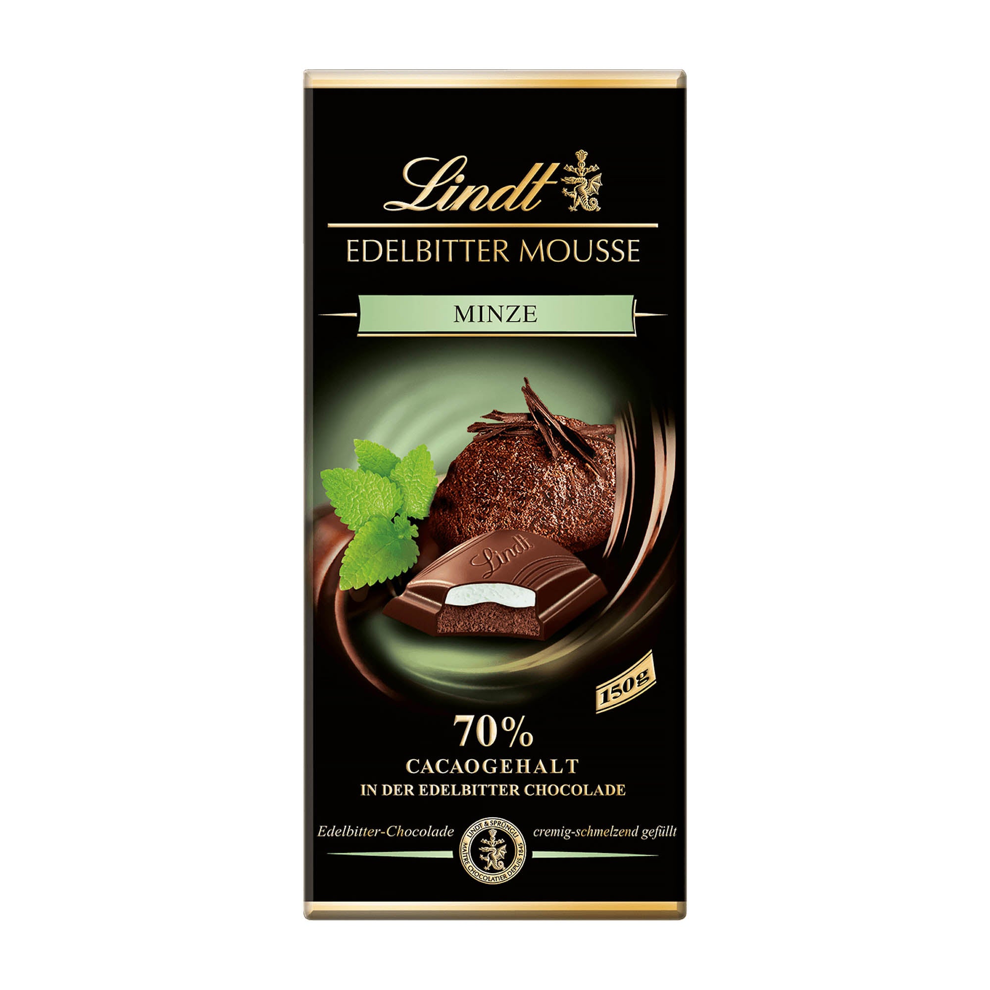 A packaged Lindt Edelbitter Mousse Mint dark chocolate bar, with an image of the chocolate bar and mint leaves on the front.