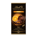 A bar of Lindt Edelbitter Mousse Orange dark chocolate, with an image of an orange and a piece of chocolate, indicating the flavor and brand.