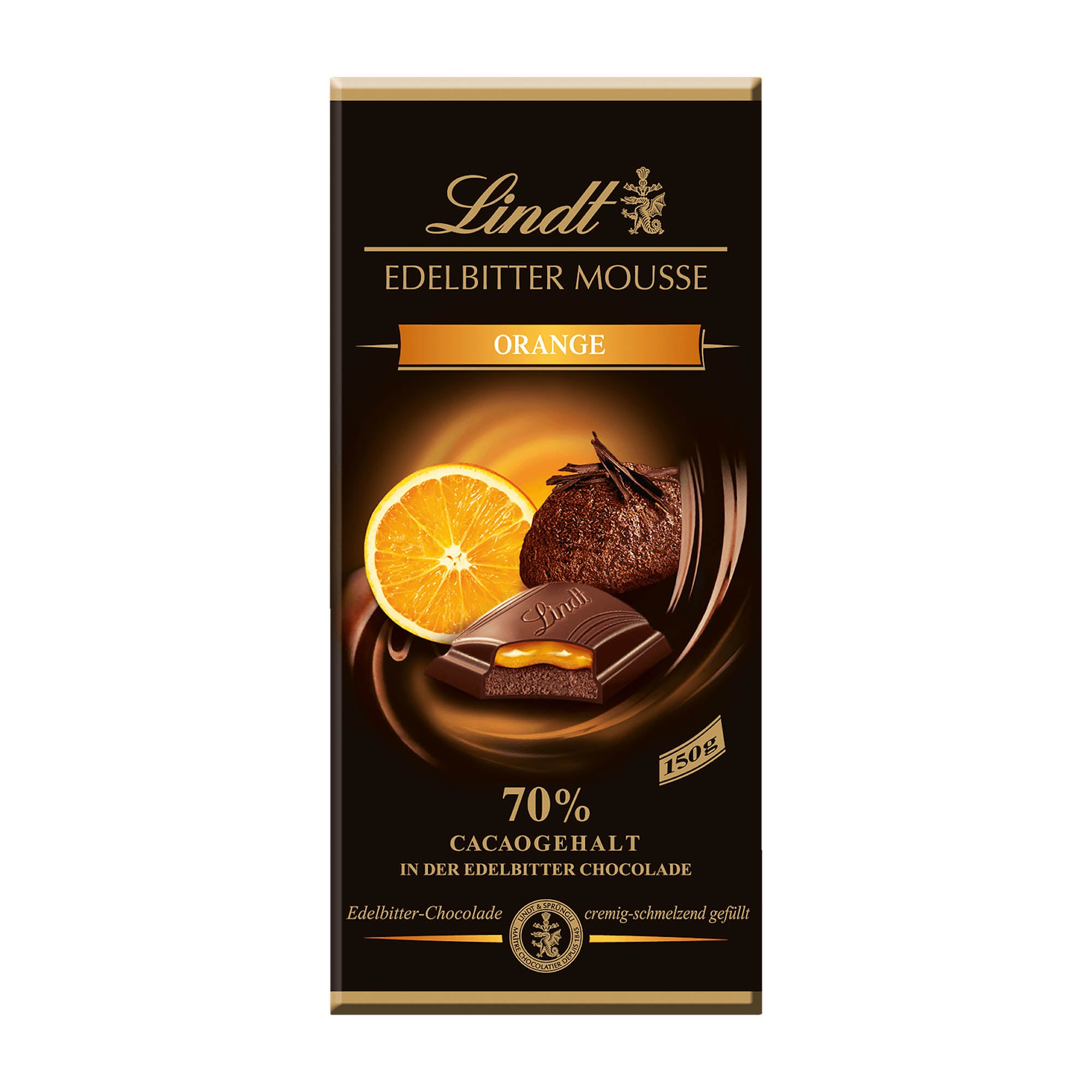 A bar of Lindt Edelbitter Mousse Orange dark chocolate, with an image of an orange and a piece of chocolate, indicating the flavor and brand.
