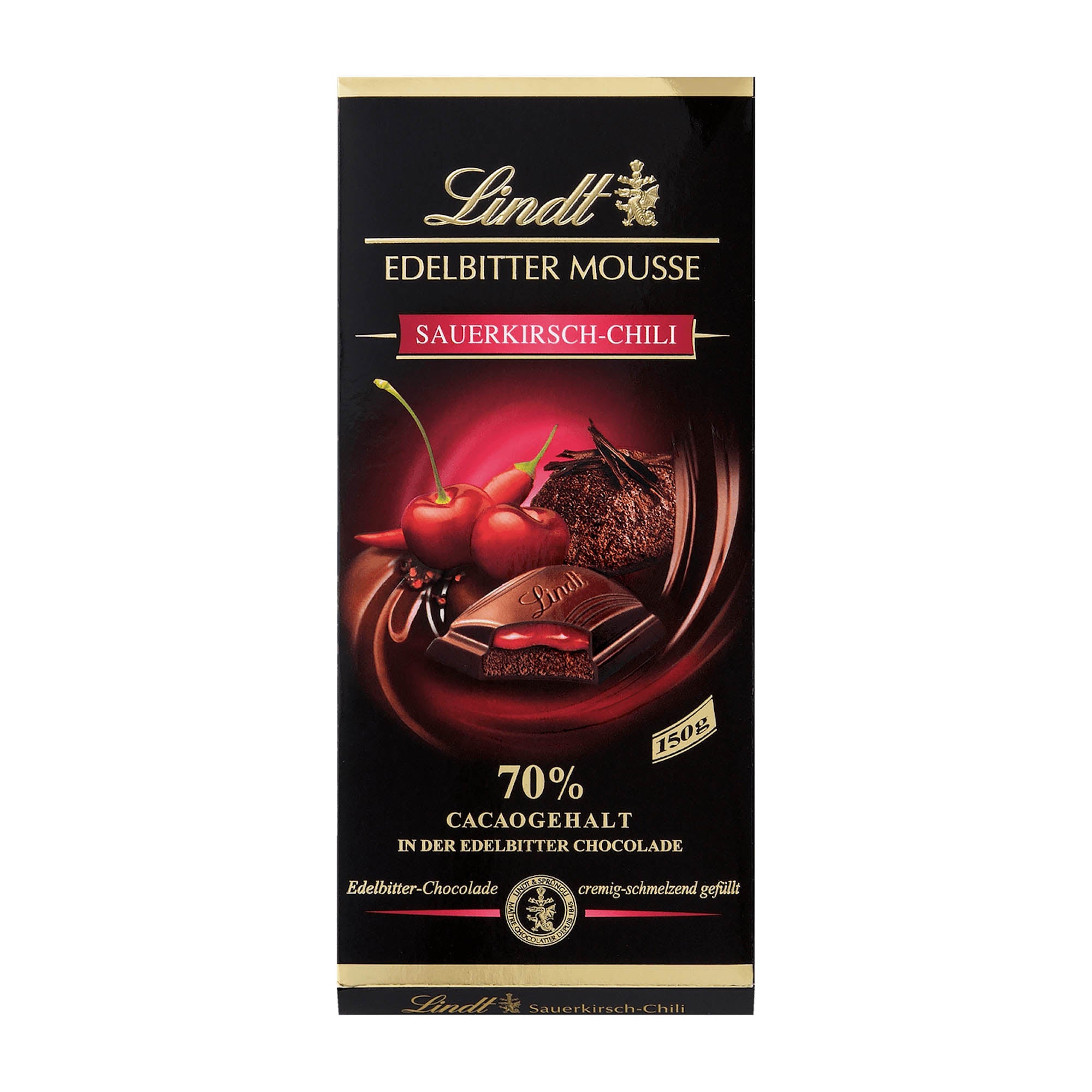 Packaging of Lindt Edelbitter Mousse Sour Cherry-Chili dark chocolate bar, displaying the product and its name, along with images of cherries and chili peppers.