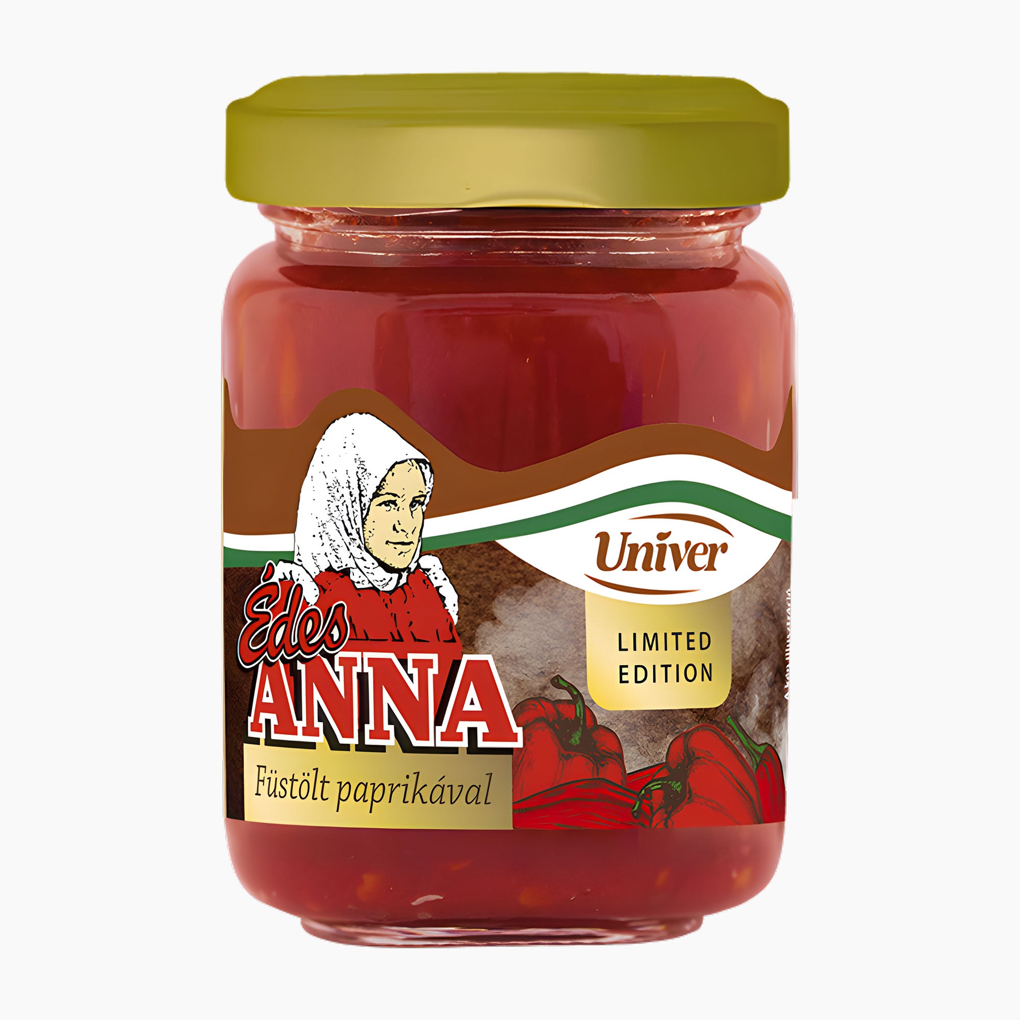 A glass jar of Univer Édes Anna Raw Minced Smoked Sweet Paprika, set against a plain white background.