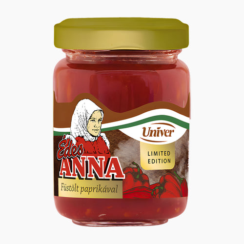 A glass jar of Univer Édes Anna Raw Minced Smoked Sweet Paprika, set against a plain white background.