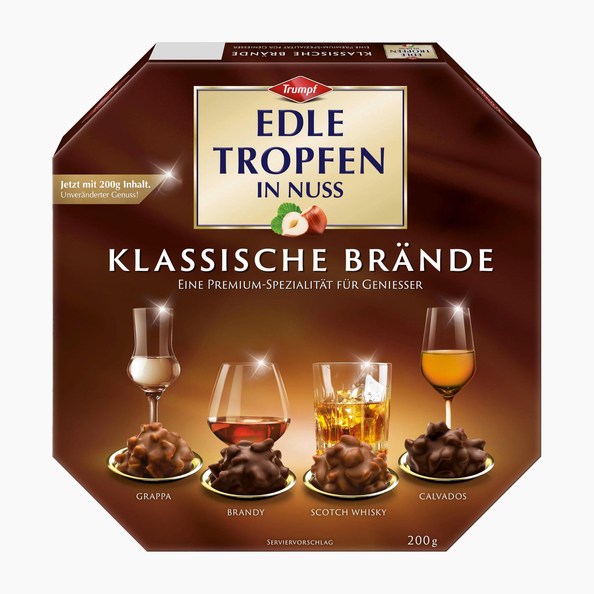 A 200g box of Trumpf Edle Tropfen in Nuss Klassische Brände Classic Spirits Pralines, featuring four types of spirits: Grappa, Brandy, Scotch Whisky, and Calvados, displayed on a clean white background.