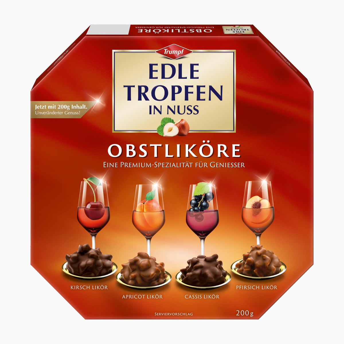 A red octagonal box of Trumpf Edle Tropfen in Nuss Obstliköre Fruit Liqueur Pralines, featuring illustrations of four different flavored chocolate desserts (cherry, apricot, blackcurrant, and peach) on a white background.