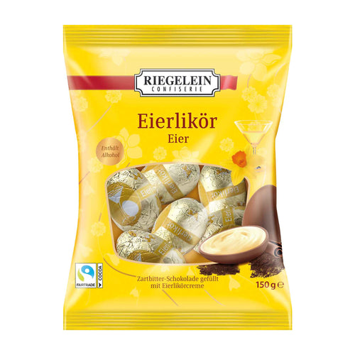 Yellow packaging of Riegelein Eggnog Eggs with chocolate eggs on a white background