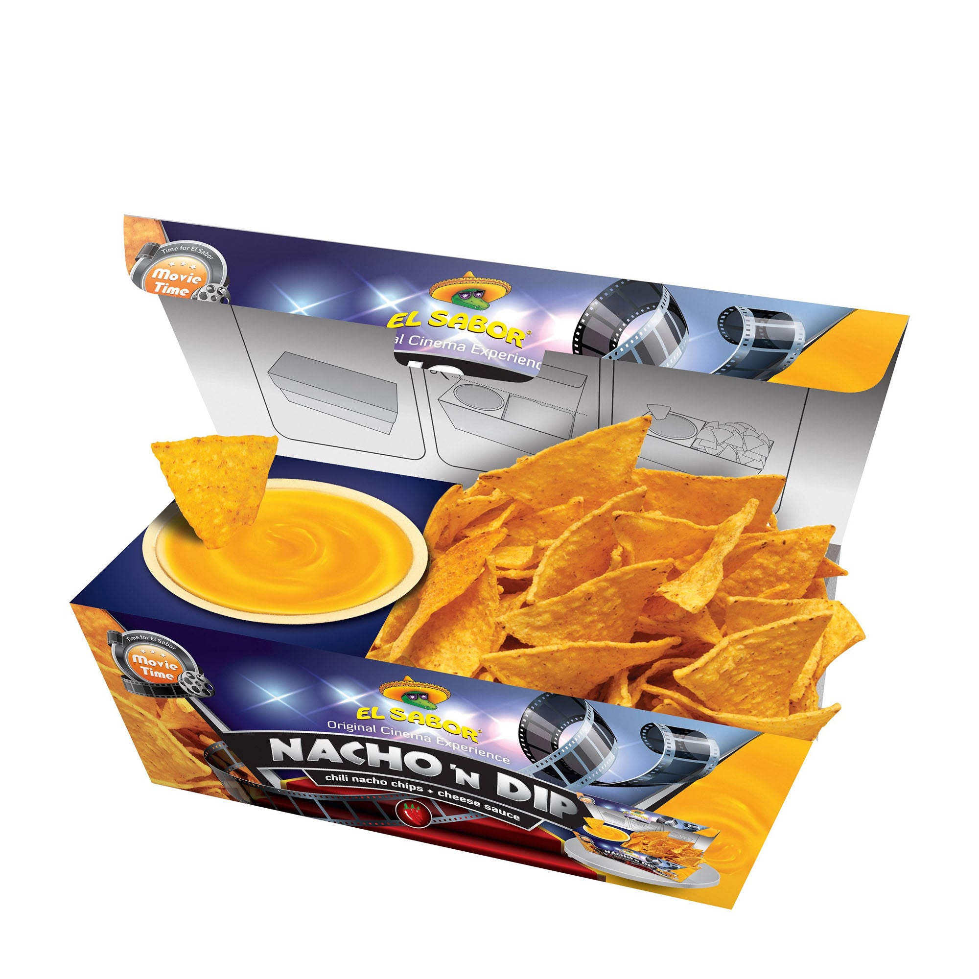 Box of El Sabor Nacho 'N Dip with tortilla chips and cheese dip on a white background