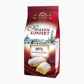 A package of Elbflorenz Stollenkonfekt Almond & Marzipan Stollen Bites, featuring a red and white bag with a golden logo, an illustration of a historic cityscape, and two filled pastries dusted with powdered sugar on a white background.