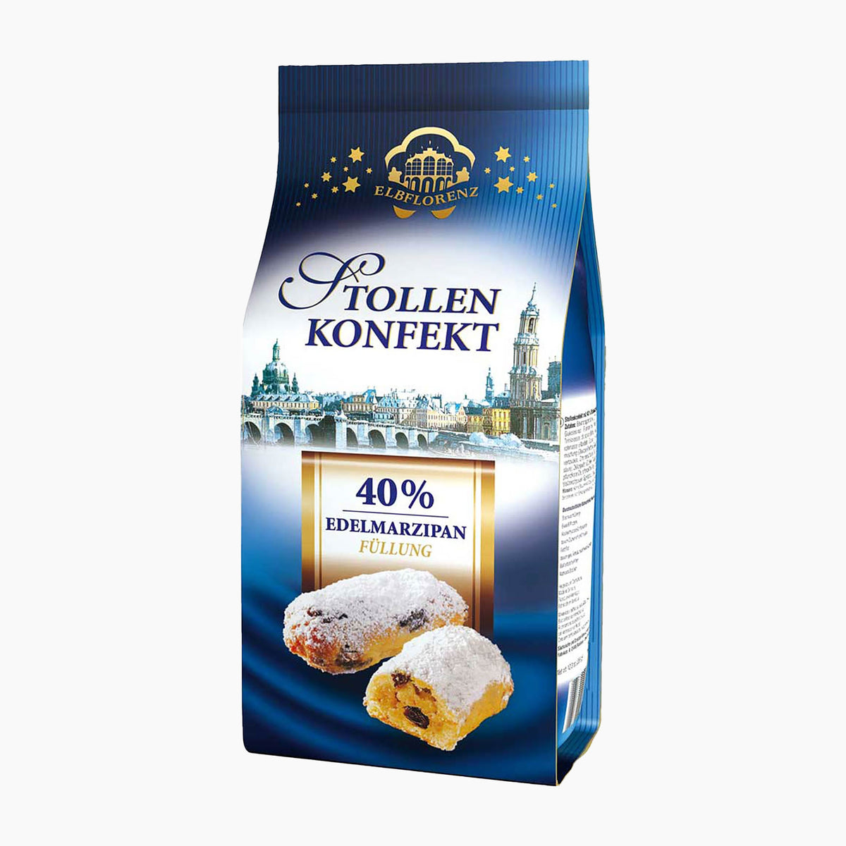 A bag of Elbflorenz Stollenkonfekt Marzipan Stollen Bites, featuring blue packaging with a cityscape illustration, a gold seal, and photos of two filled pastries dusted with powdered sugar.