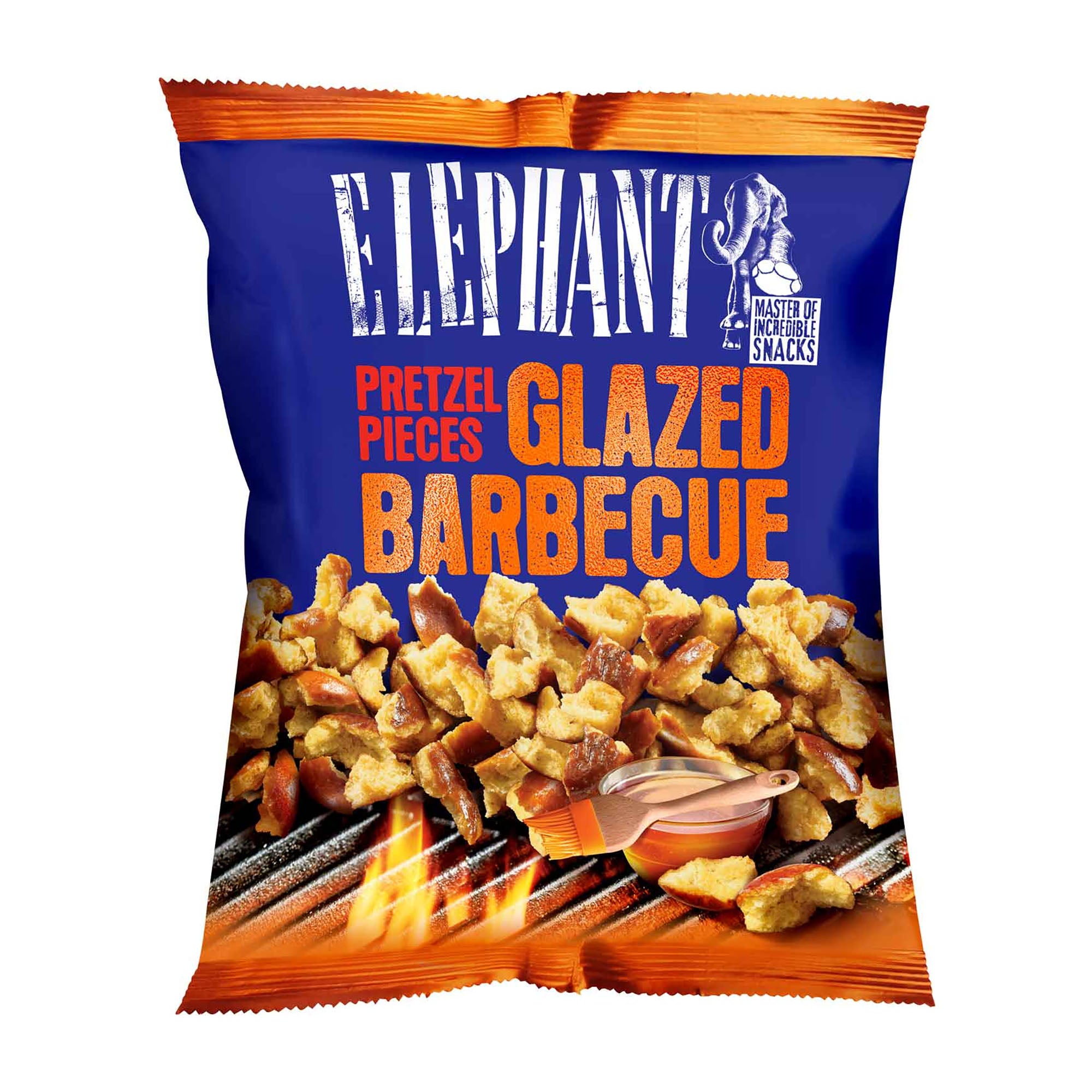 Packaging of Elephant Pretzel Pieces Glazed Barbecue snacks with a blue and orange design.