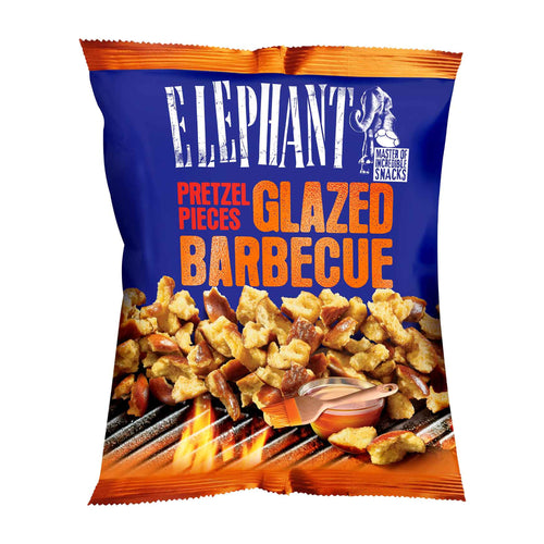 Packaging of Elephant Pretzel Pieces Glazed Barbecue snacks with a blue and orange design.