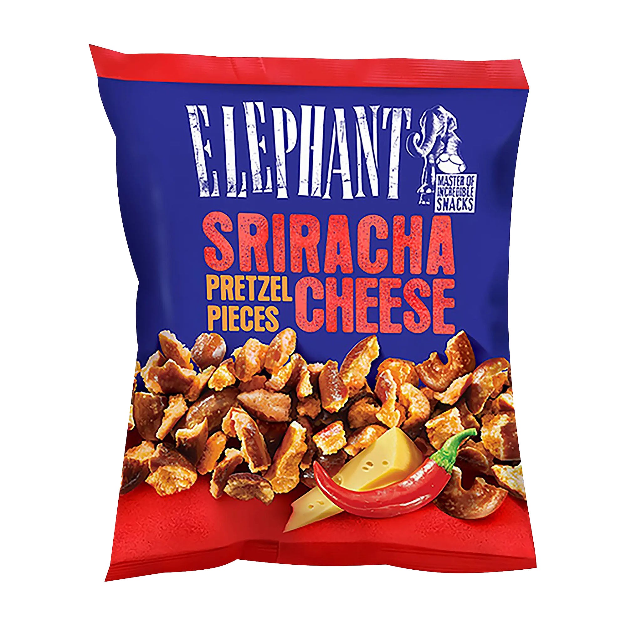 Packaging of Elephant Pretzel Pieces Sriracha Cheese on a white background