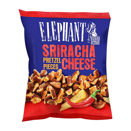 Packaging of Elephant Pretzel Pieces Sriracha Cheese on a white background