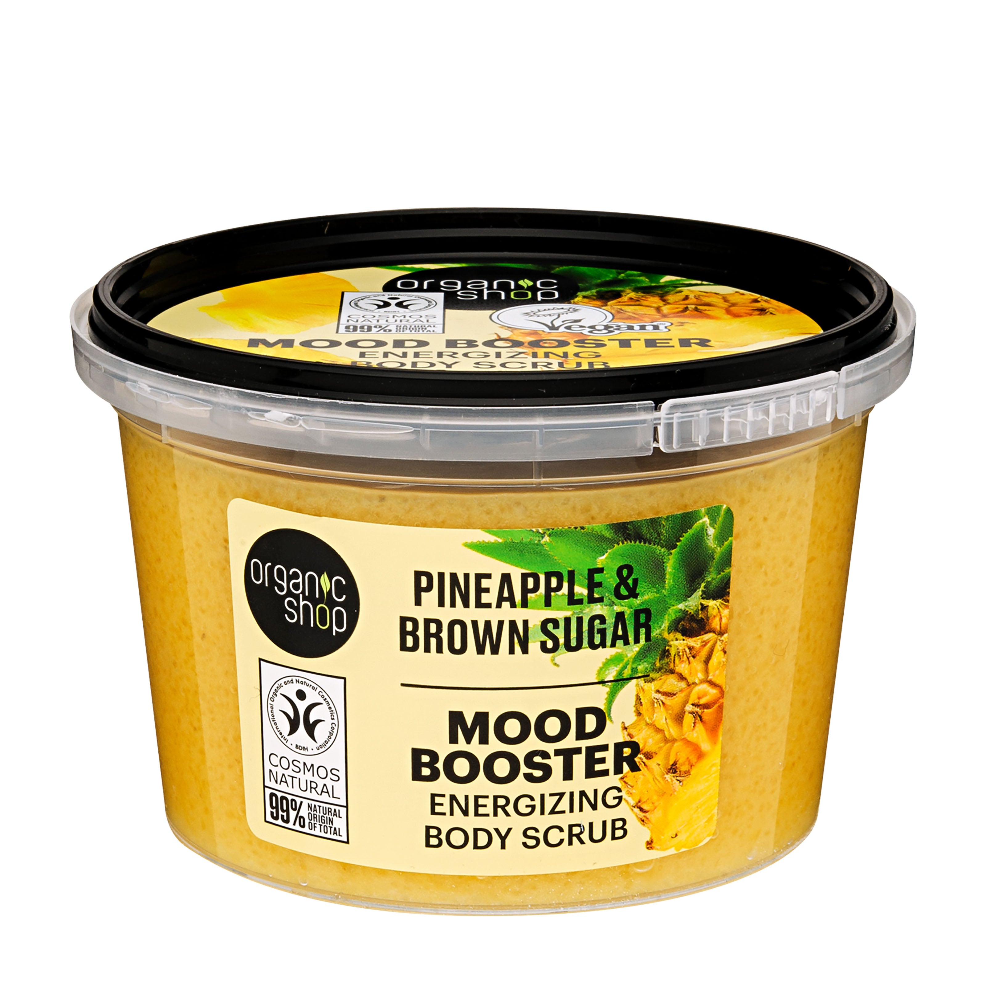 Container of Organic Shop Pineapple & Brown Sugar Mood Booster energizing body scrub on a white background
