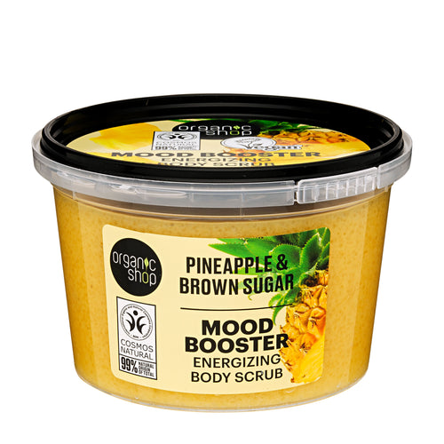 Container of Organic Shop Pineapple & Brown Sugar Mood Booster energizing body scrub on a white background