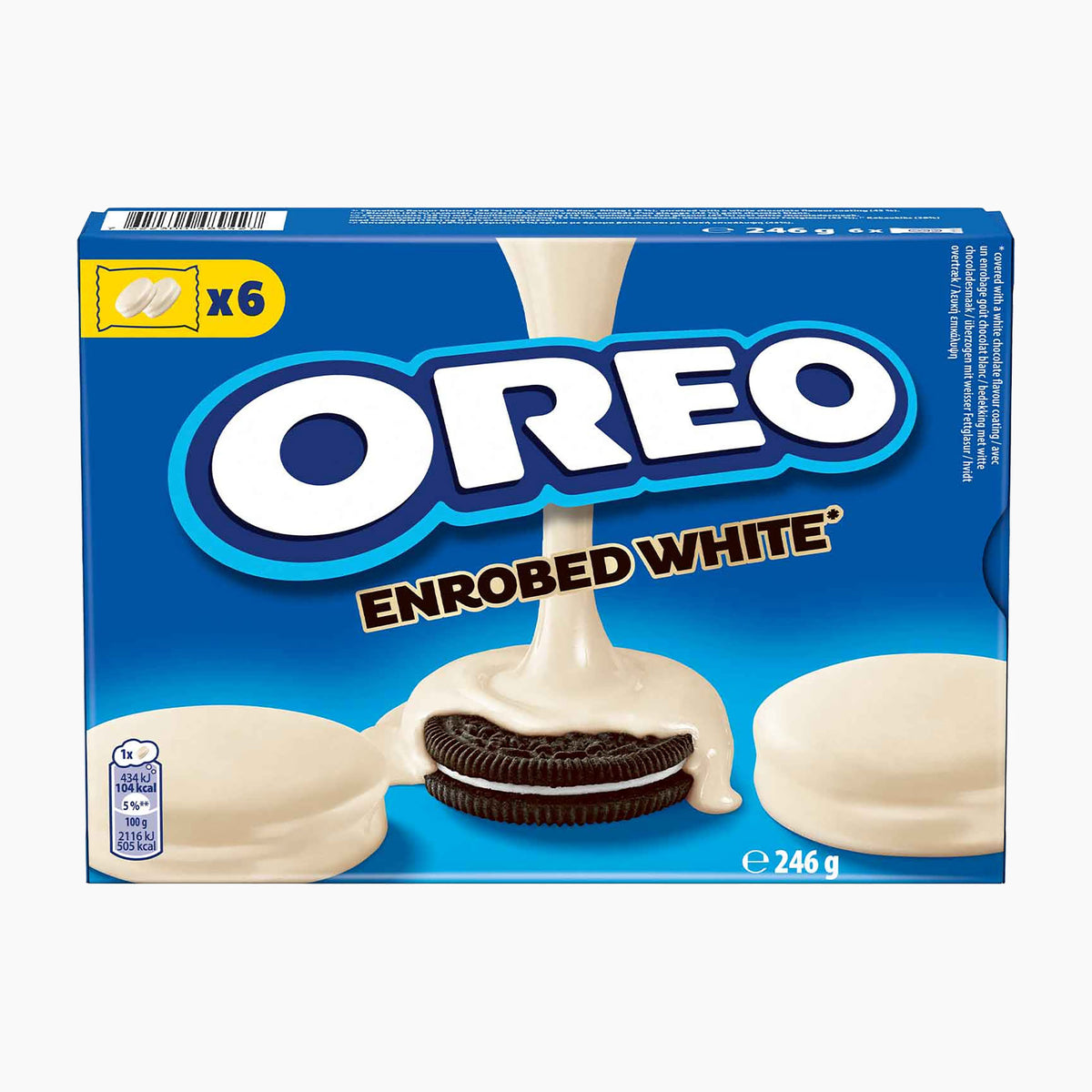 A 246 g box of Oreo Enrobed White cookies, featuring the blue Oreo brand packaging with white and cream-colored cookie graphics on a light gray background.