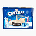 A 246g box of Oreo White Enrobed cookies, featuring a blue winter-themed package design with an illustration of white chocolate-covered Oreo cookies in a snowy scene.