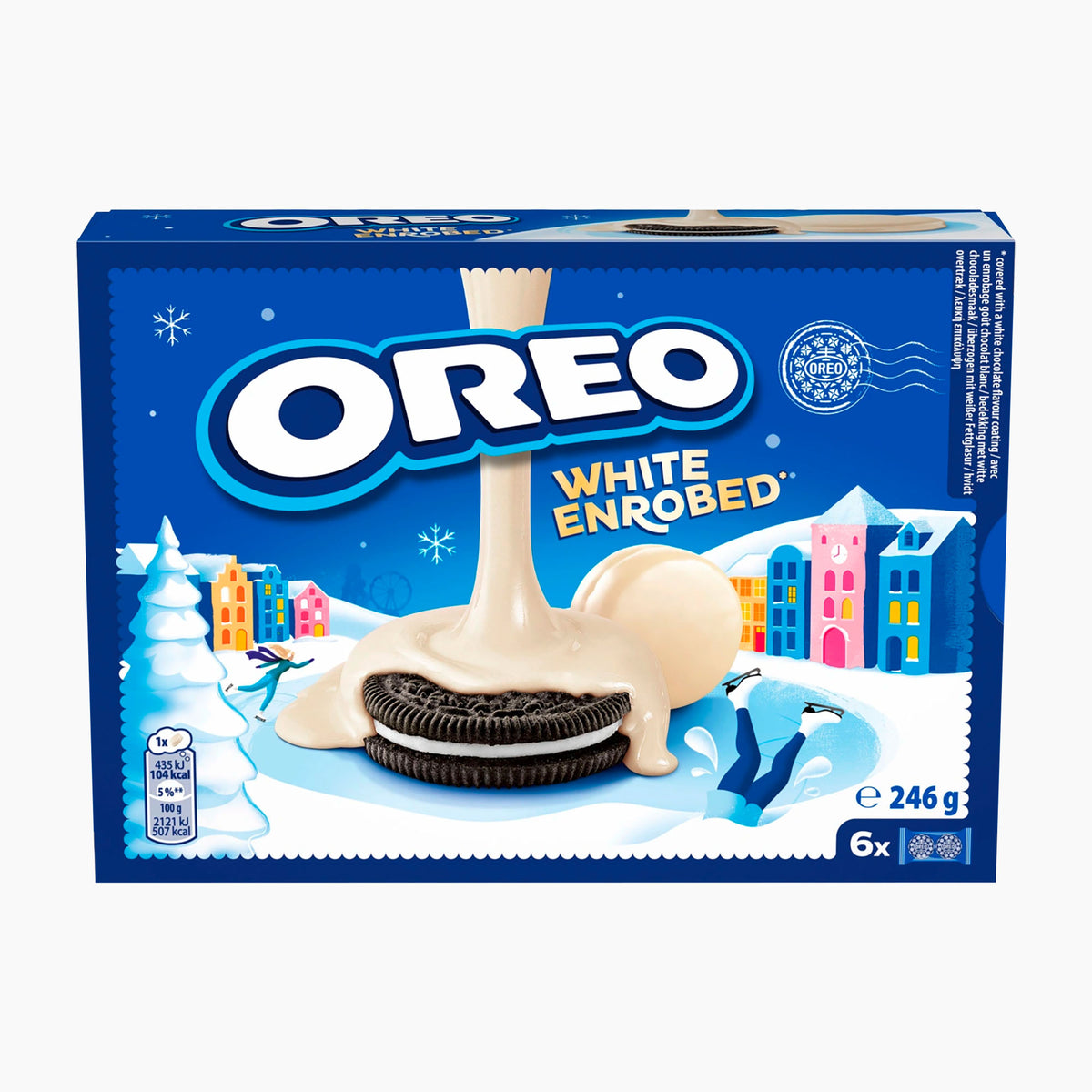 A 246g box of Oreo White Enrobed cookies, featuring a blue winter-themed package design with an illustration of white chocolate-covered Oreo cookies in a snowy scene.