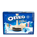 A package of Oreo Enrobed White Sandwich Cookies showing the product name and an image of a white chocolate-coated Oreo cookie with a snow-themed background.