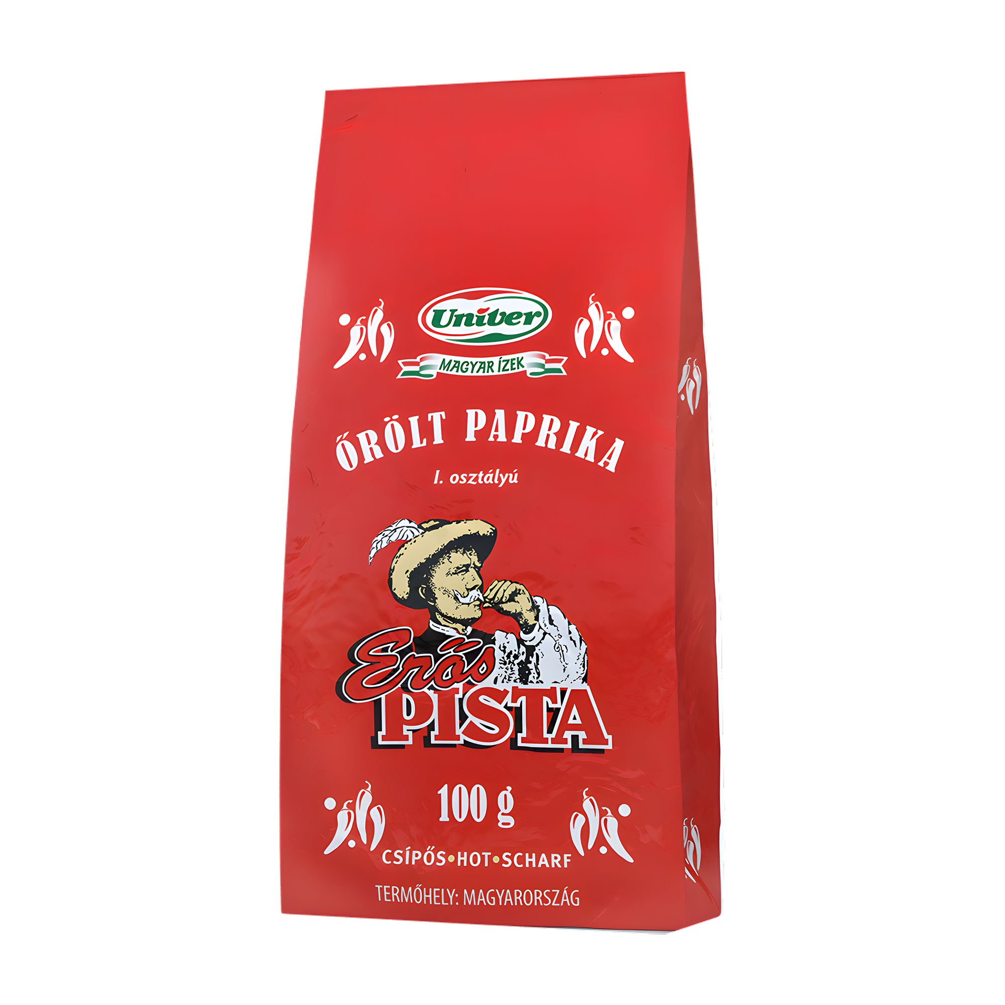 Red bag of Univer paprika with a vintage illustration on a white background