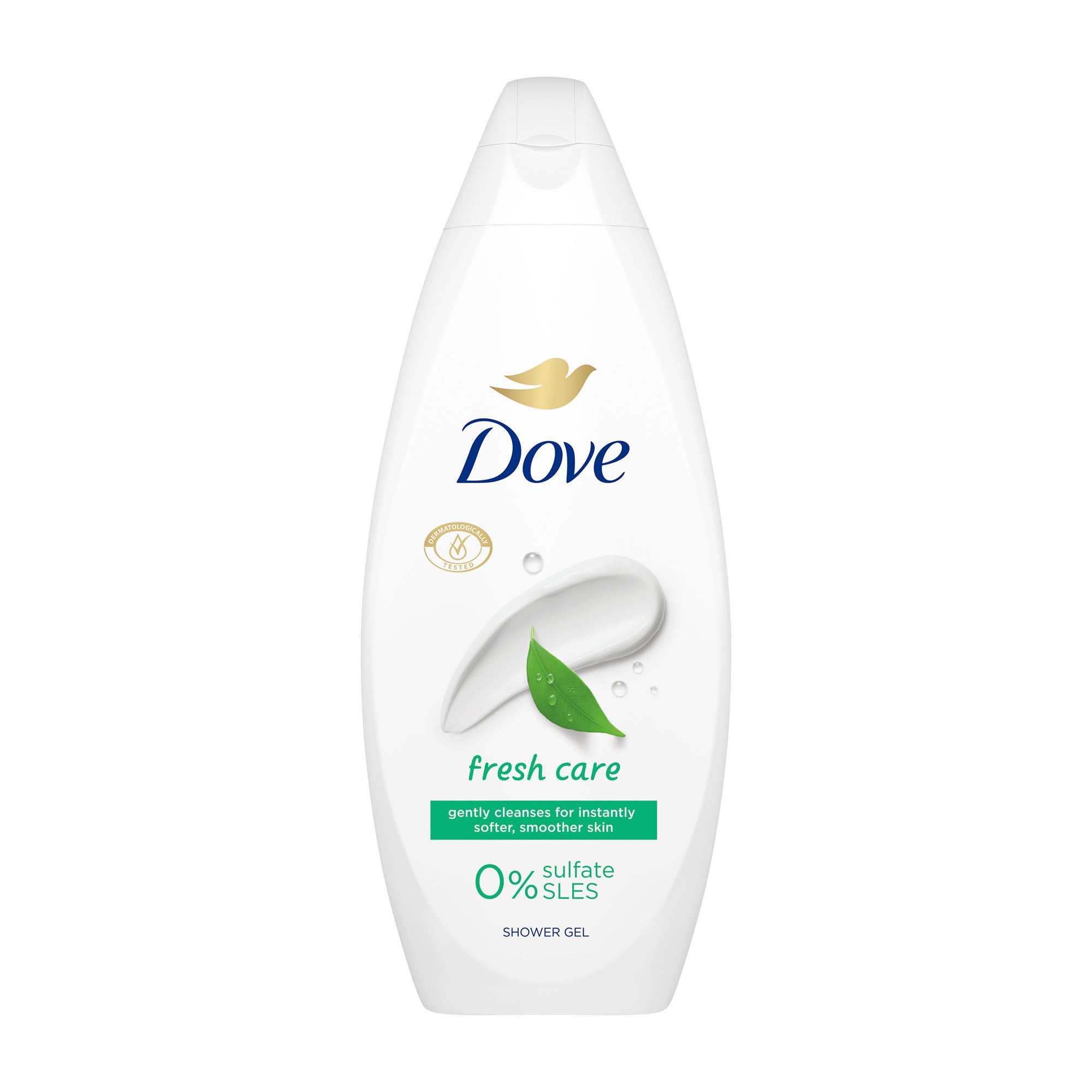 Dove fresh care shower gel bottle on a white background