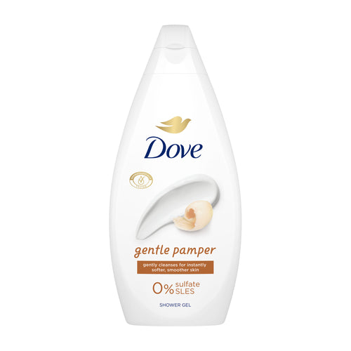 Dove gentle pamper shower gel bottle on a white background